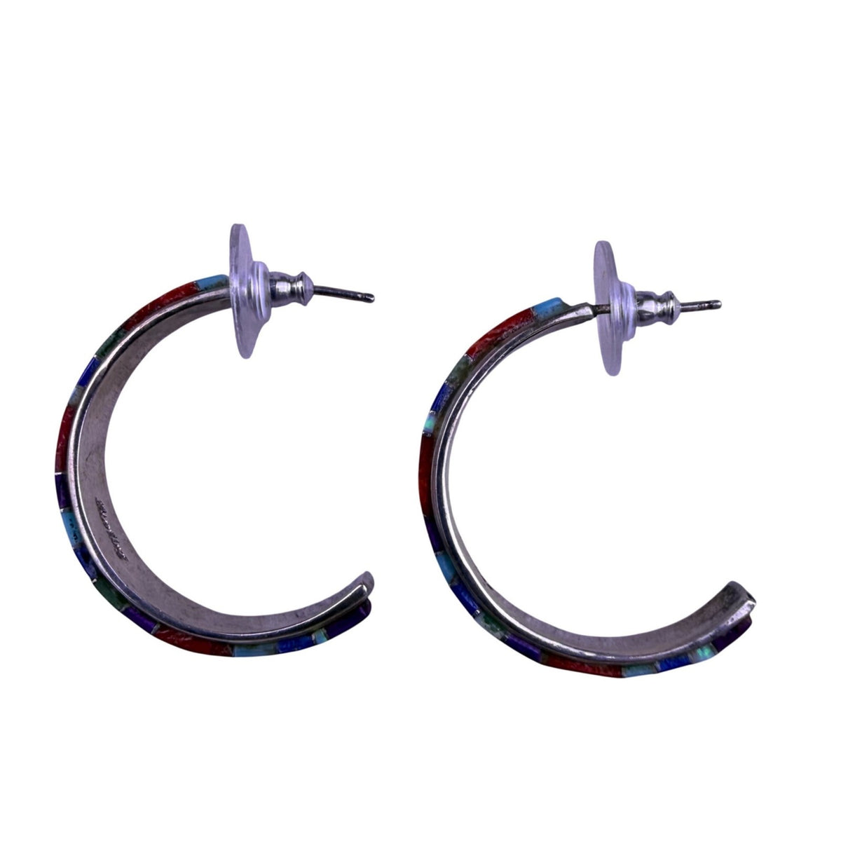 Sterling Women Multicolor Inlay Hoop Earrings Silver Red/Blue/Green/Stone