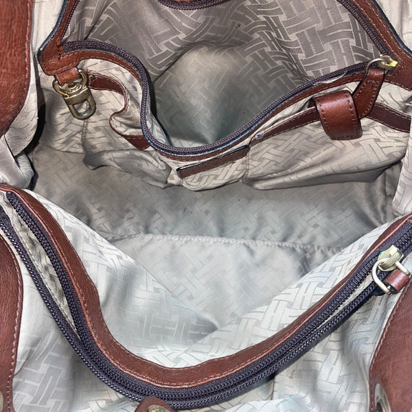 Cole Haan Women’s Brown Leather Drawstring Braided Handles Slouchy Shoulder Bag