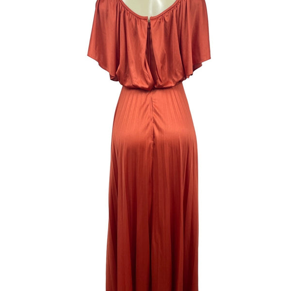 Vintage Style Rust Orange Maxi Dress With Belt & Flutter Sleeves S/M