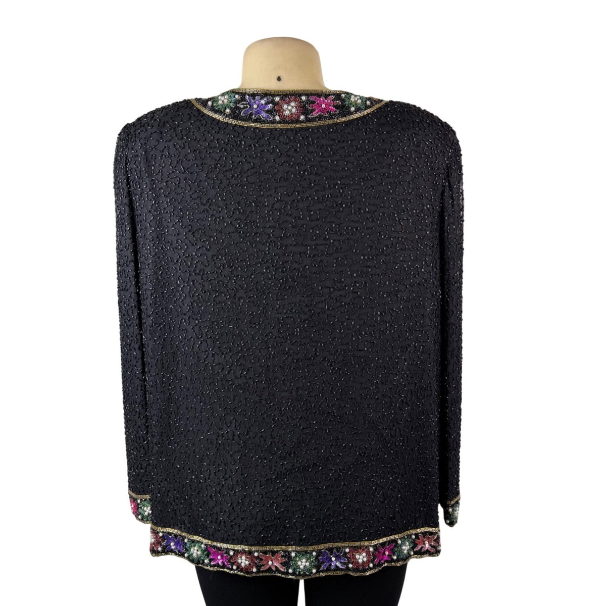 Lawrence Kazar Womens Black Beaded Silk  Jacket & Top Floral Embellished Sz 2X