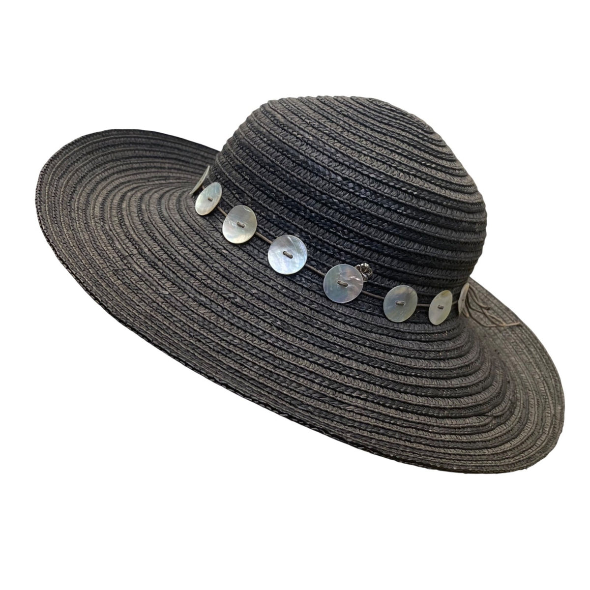 Flora Bella Womens Black Straw Hat W/Mother-Of-Pearl Accents Sun Protection