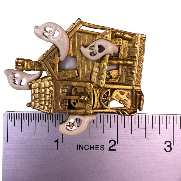 Vintage Halloween Gold Tone Haunted House Brooch Ghost Accents Collectible