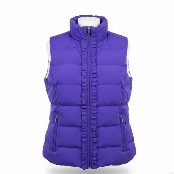 Talbots Womens Purple Puffer Vest Lightweight With Ruffle Zip Front Size L