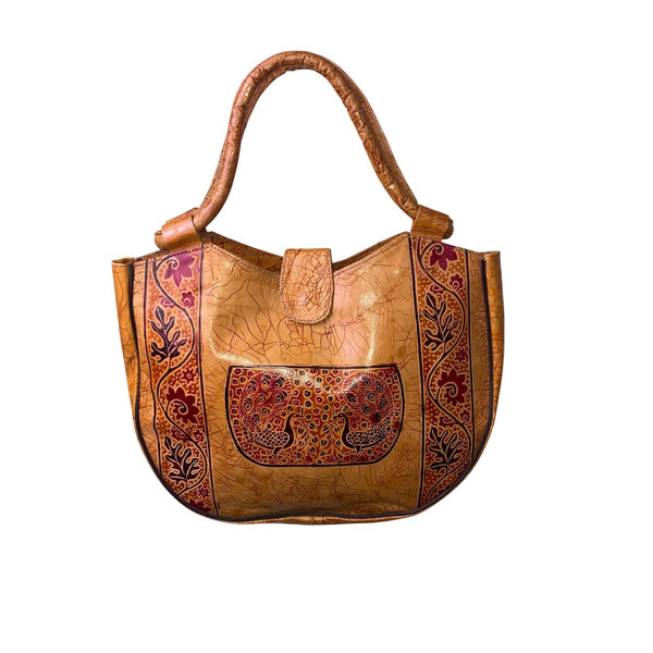 Handcrafted Women’s Brown Leather With Red Floral Details Peacock-Print Tote Bag
