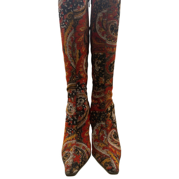 Diba Women’s Red & Black Fabric Paisley Print Stiletto Heel Tall Boots Size 6.5
