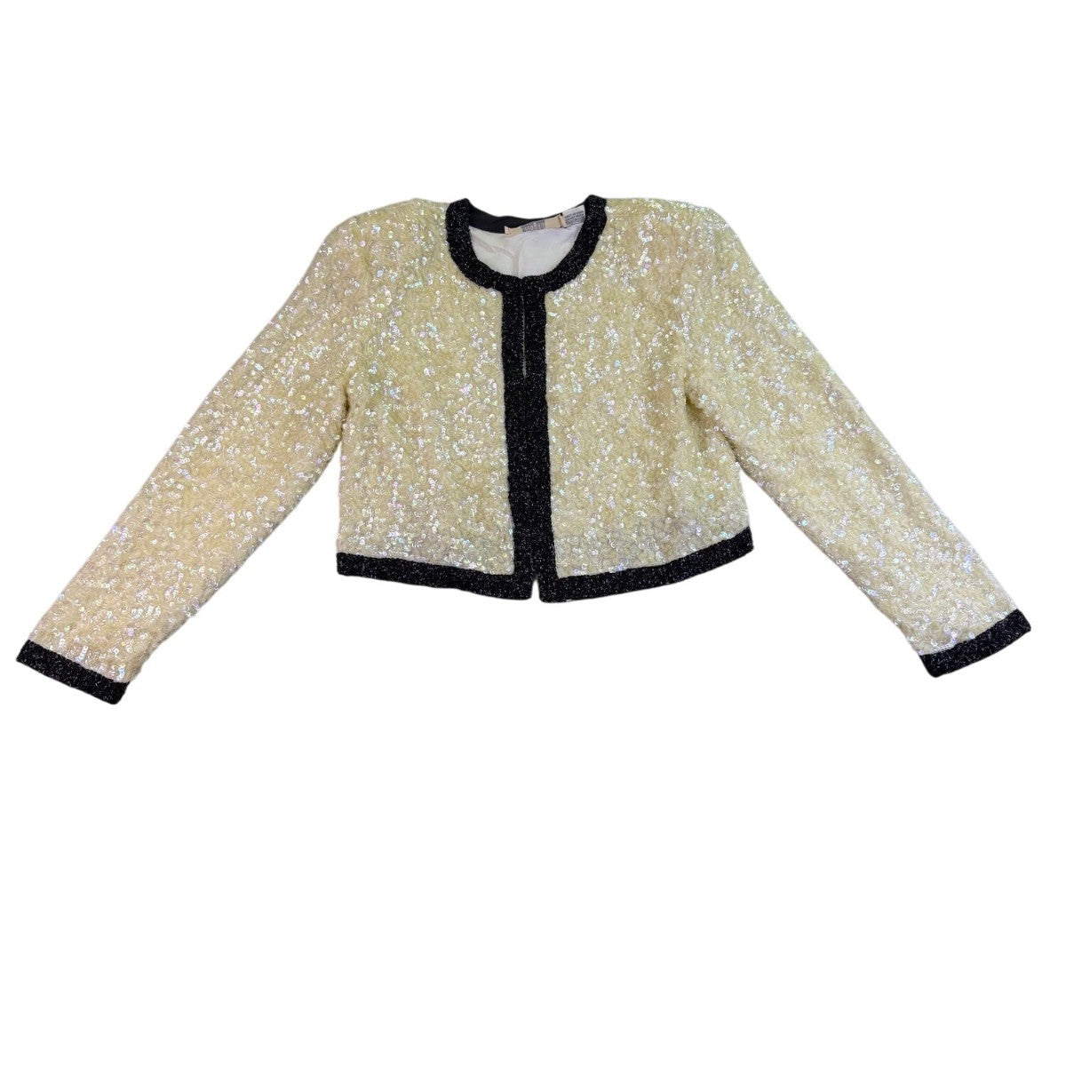 I. Magnin Womens Ivory & Black Silk Beaded Sequin Jacket 100% Silk Lining Size M