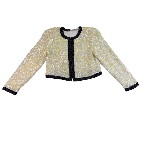 I. Magnin Womens Ivory & Black Silk Beaded Sequin Jacket 100% Silk Lining Size M