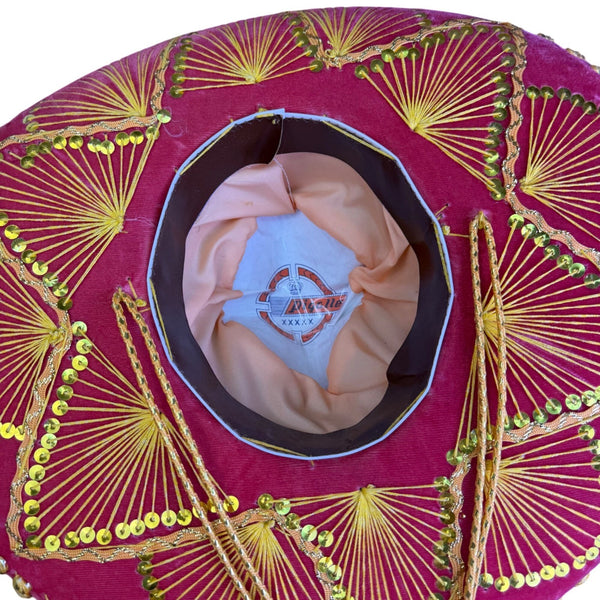 PIGALLE Unisex Red Felt Embroidered Mariachi Sombrero Gold Trim Sequin Accents