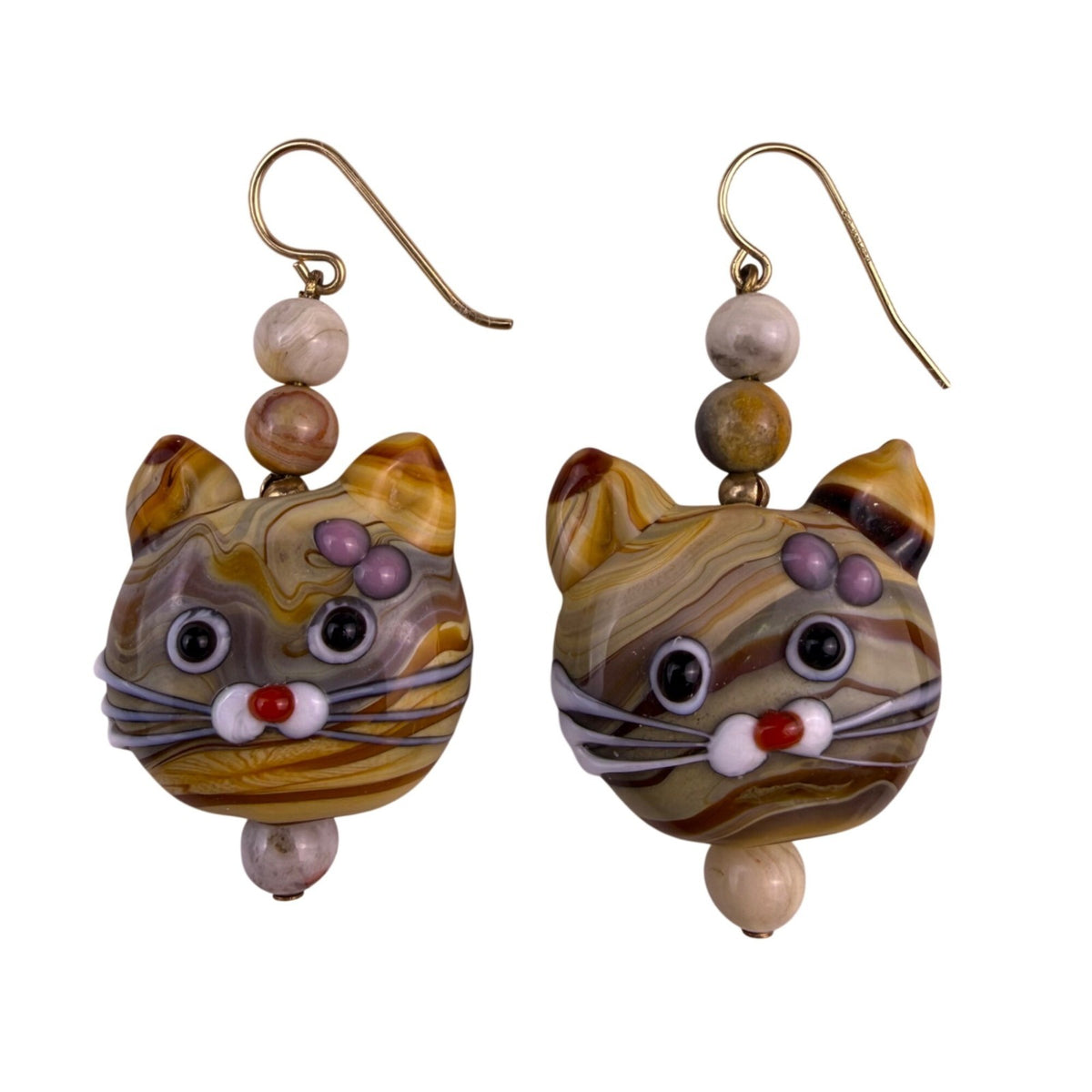 Lampwork Gold Tone Womens Glass Cat Face Dangle Earrings With Beads Handmade