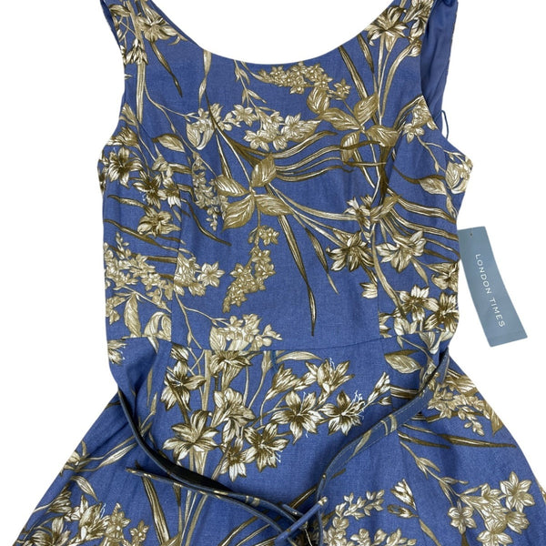 London Times Womens Blue Gold Floral Sleeveless Belted Midi Dress Size 10 - New