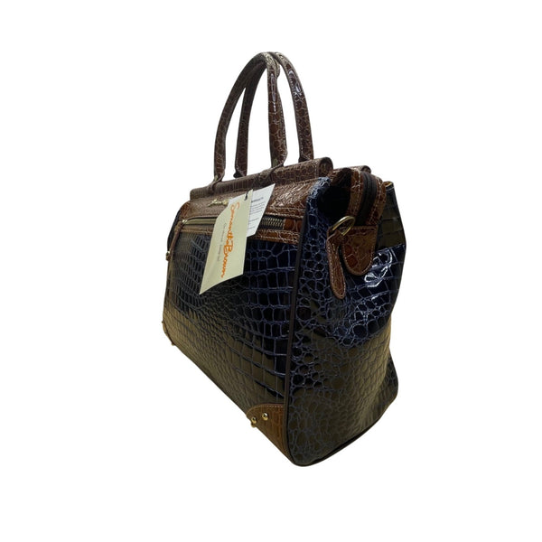 Samantha Brown Women’s Brown & Blue Faux Croc Embossed With Zippered Satchel Bag