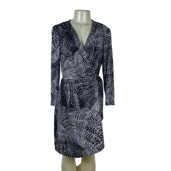 BCBG Maxazria Black & White Abstract Print Wrap Dress For Women Long Sleeve Sz L