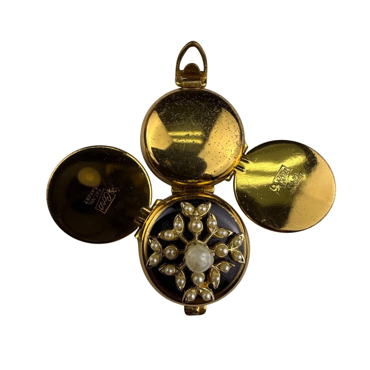 Coro Gold Tone & Black Vintage Round Triple Locket With Faux Pearls ...