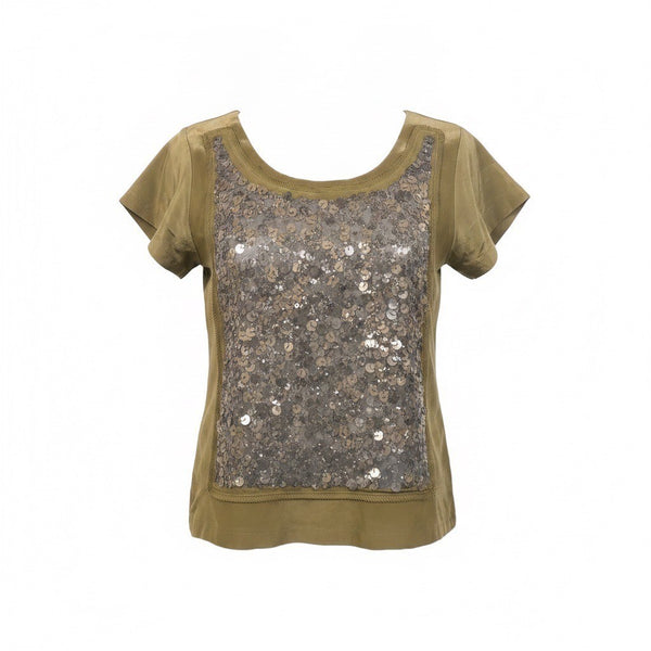 J.Crew Womens Olive Green Silk Sequin Embellished Short Sleeve Blouse Sz  XS