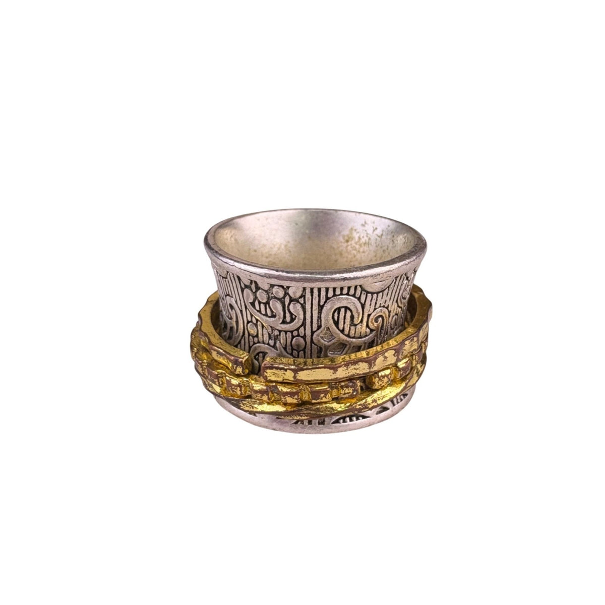 Two-Tone Bali Style Wide Ring Silver Tone Artisan Design Size 7 Spinning