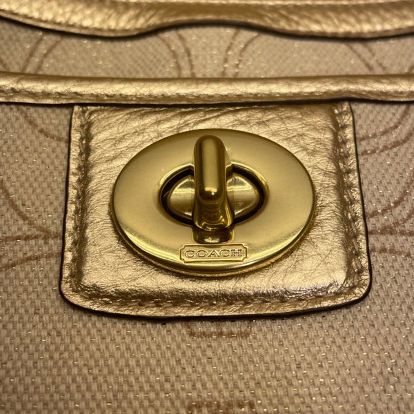 Coach Women’s Gold Signature Jacquard Leather Trim Adjustable Strap Shoulder Bag