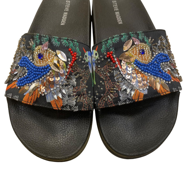 Steve Madden Women's Black Embellished Parrot Bead Sequin Sparkly Sandals Sz 8M
