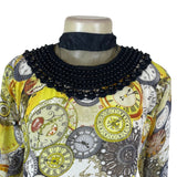 Clock Print Womens Yellow Chiffon Dress With Beaded Collar Lace Detail Sz 40
