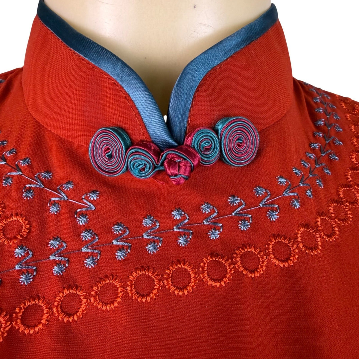 Womens Red Cheongsam Qipao Dress With Blue Trim & Embroidery Elegant Style Sz XL