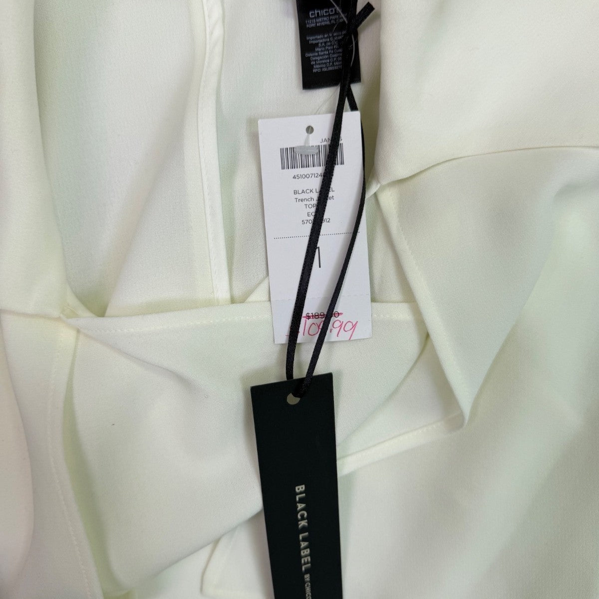 Black Label By Chicos Womens White Sheer Open-Front Trench Coat 69% Triacetate S