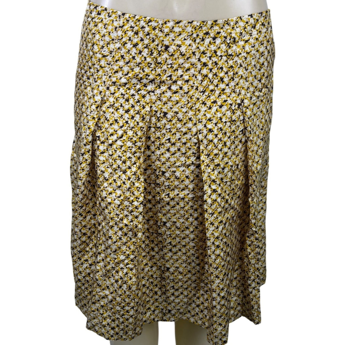 Banana Republic Womens Yellow Brown Silk Pleated Midi Skirt Abstract Print Sz 4
