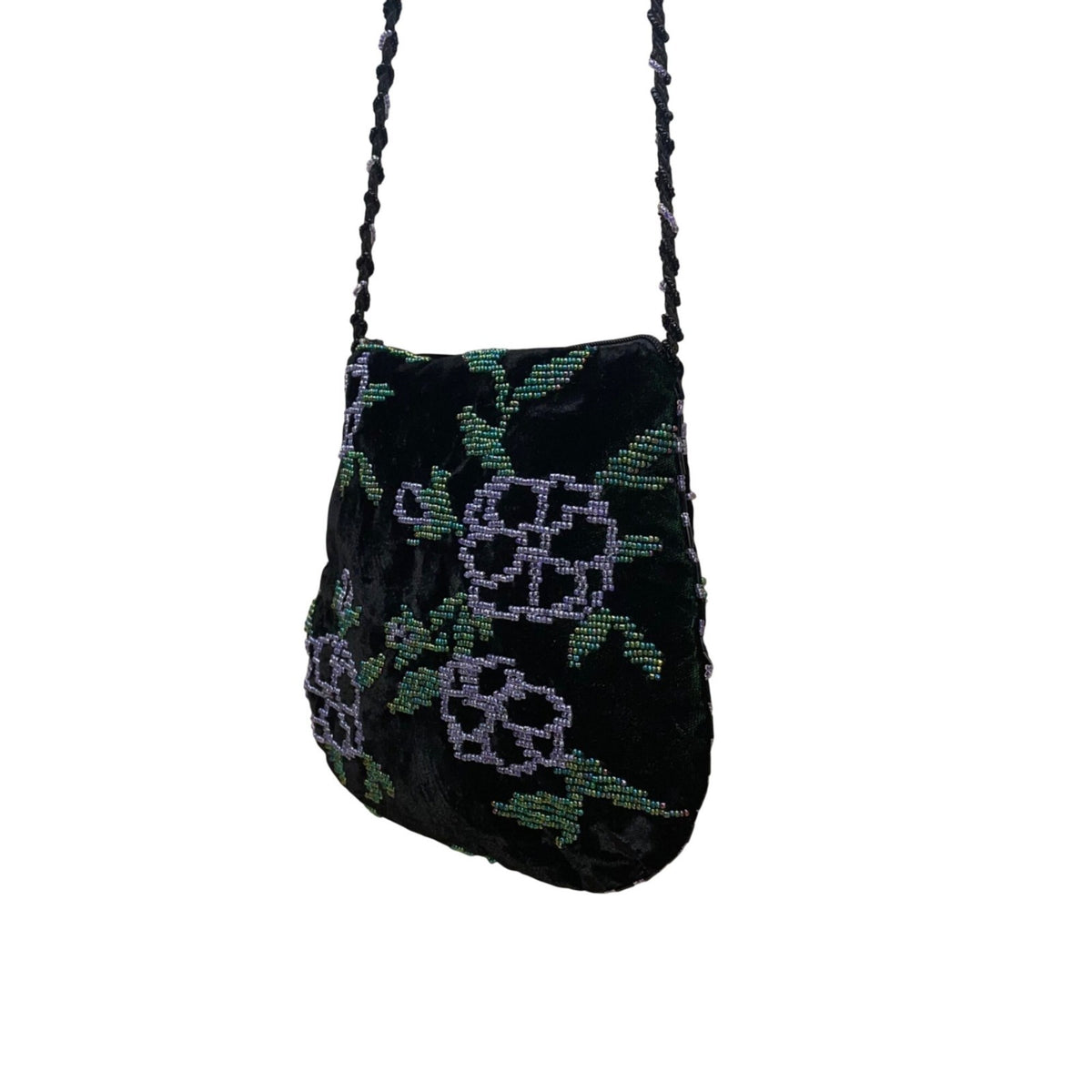 Beaded Women’s Dark Green Velvet Floral With Braided Strap Crossbody Purse