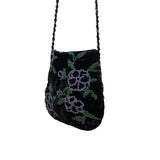Beaded Women’s Dark Green Velvet Floral With Braided Strap Crossbody Purse