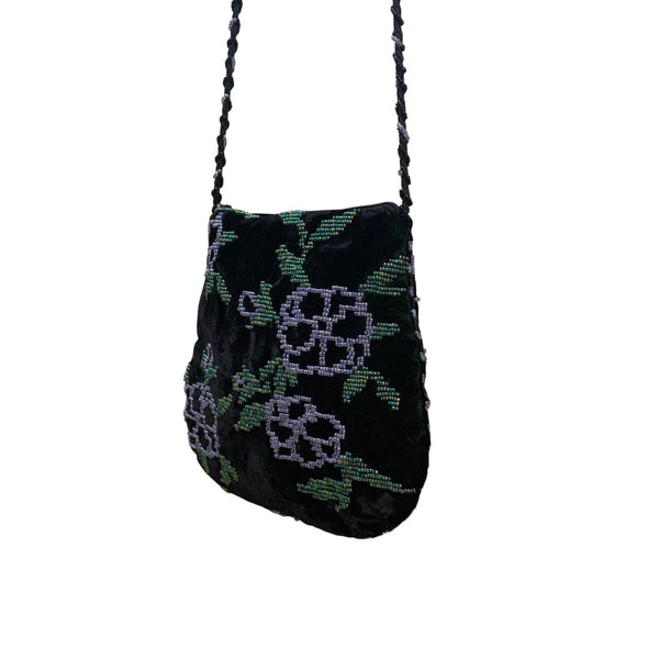 Beaded Women’s Dark Green Velvet Floral With Braided Strap Crossbody Purse