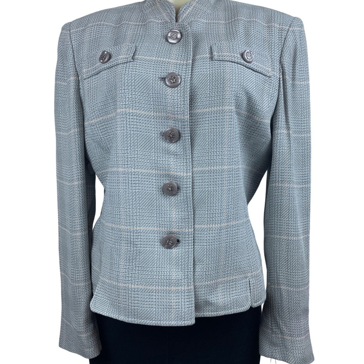 Herbert Grossman Womens Gray Plaid Button-Up Blazer Rayon Material Size 10 USA M