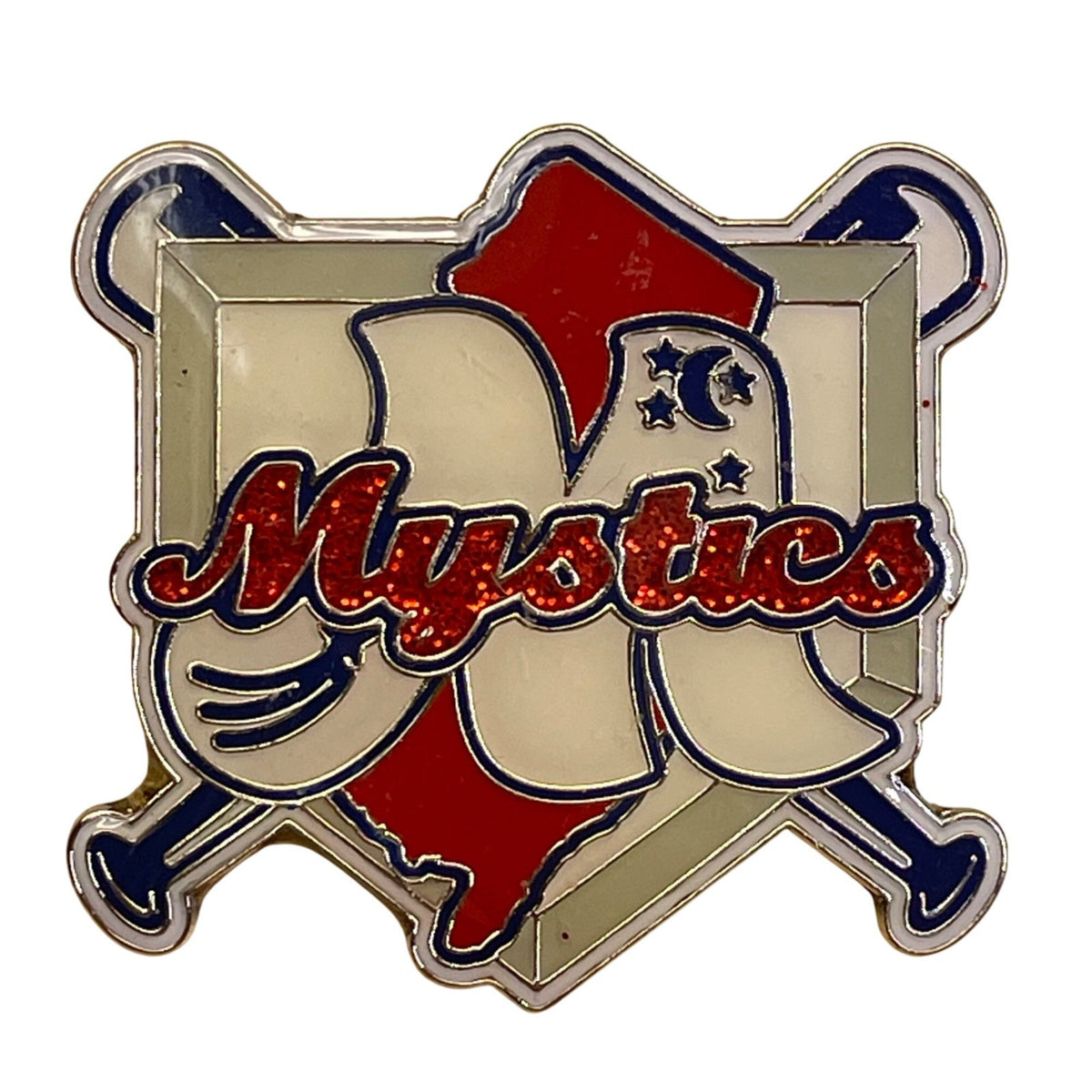 Mystics Baseball Soft Enamel Pin Crossed Bats Red White Blue Design Dual Clutch