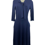 Navy Blue Womens Knit Dress With Bow Front & Pockets Soft Comfortable Medium Siz