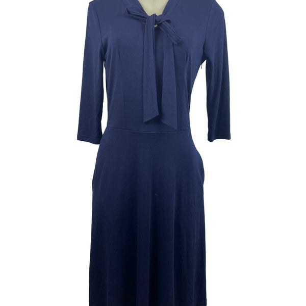 Navy Blue Womens Knit Dress With Bow Front & Pockets Soft Comfortable Medium Siz
