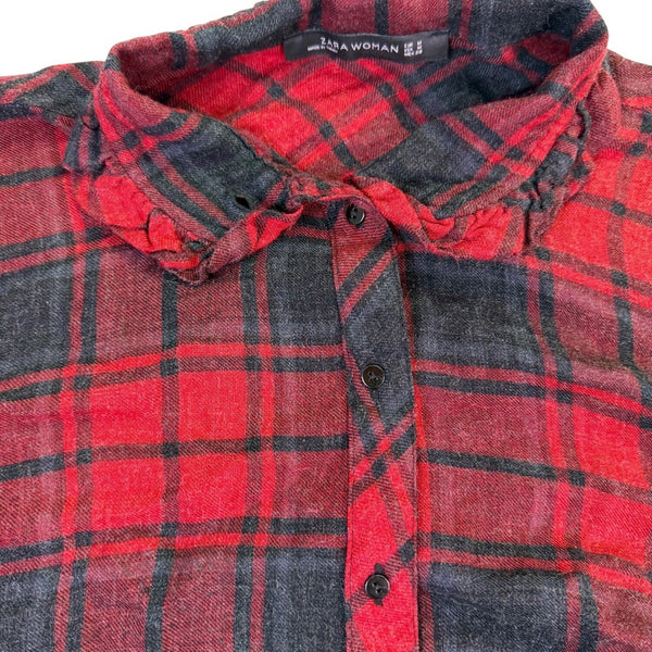 Zara Woman Red/Black Viscose & Acrylic Plaid Button-Down Tunic Dress Size M