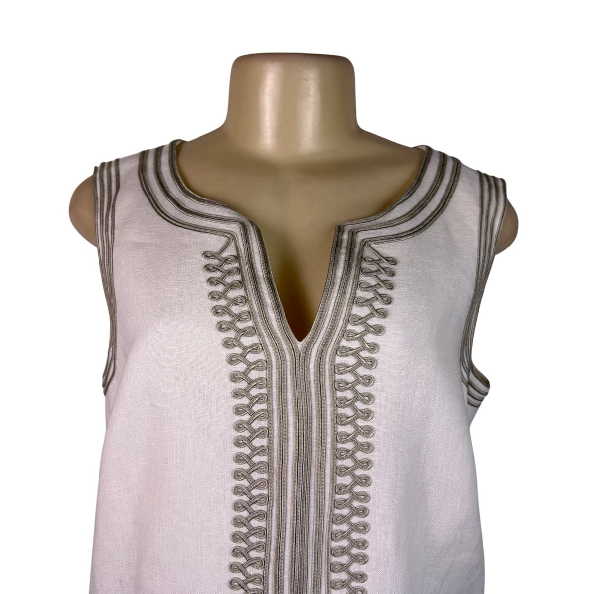 Michael Kors Womens White Linen Sleeveless Shift Dress Embroidered Accent Sz 12