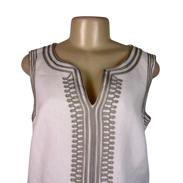 Michael Kors Womens White Linen Sleeveless Shift Dress Embroidered Accent Sz 12