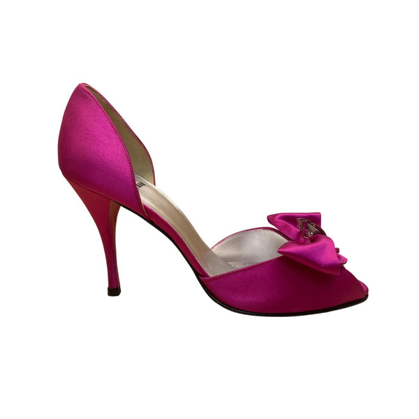 Stuart Weitzman Women’s Pink Satin Open Toe Bow Embellished DOrsay Heel Sz 8.5