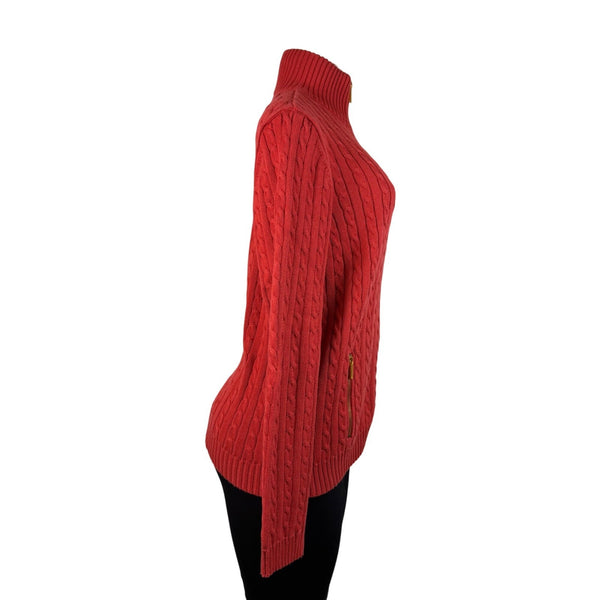 Lauren Ralph Lauren Womens Red Cable Knit Full Zip Sweater With Pockets