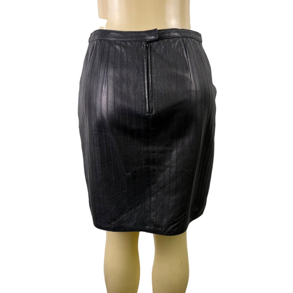 Vakko Women Black Leather Pencil SkirtStylish Vertical Detail Back Zipper Sz 8
