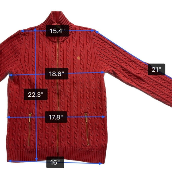 Lauren Ralph Lauren Womens Red Cable Knit Full Zip Sweater With Pockets
