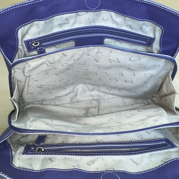 Levenger Women’s Purple Leather Double Strap Buckle Detail Zip Pocket Tote Bag