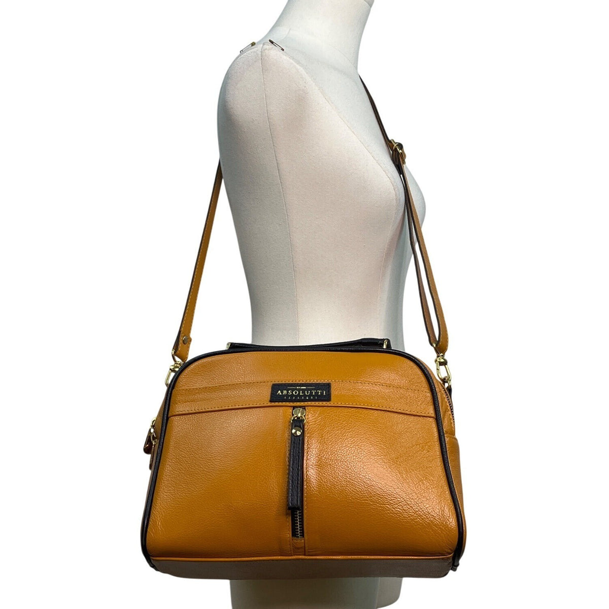 Absolutti Camel Brown & Black Faux Leather & Gold Zipper Crossbody Camera Bag