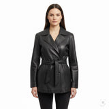 Trucker Women’s Black Leather Jacket Belted Wrap Style Size Medium