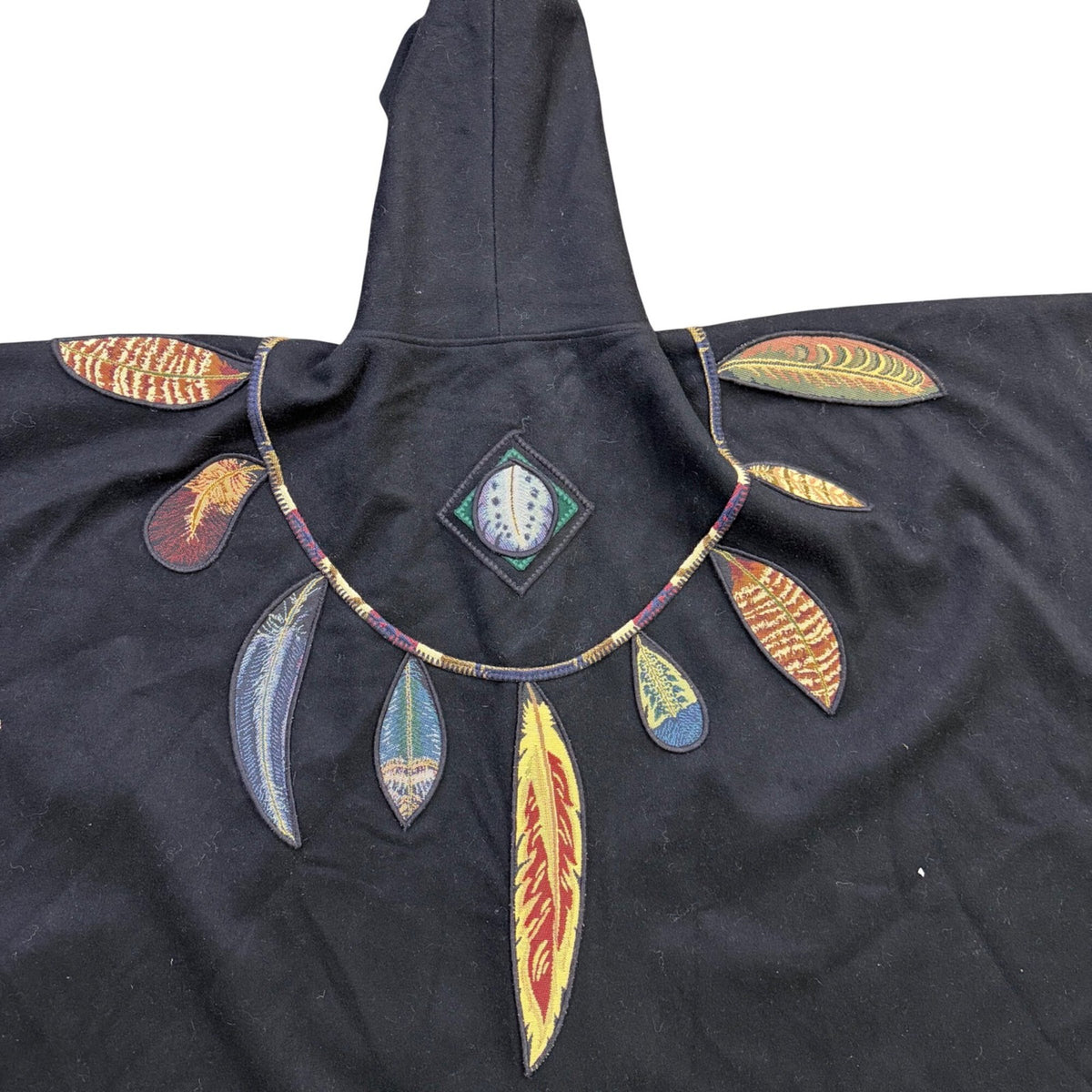 Coloratura Womens Black Wool Hooded Poncho With Feather Appliqué One Size