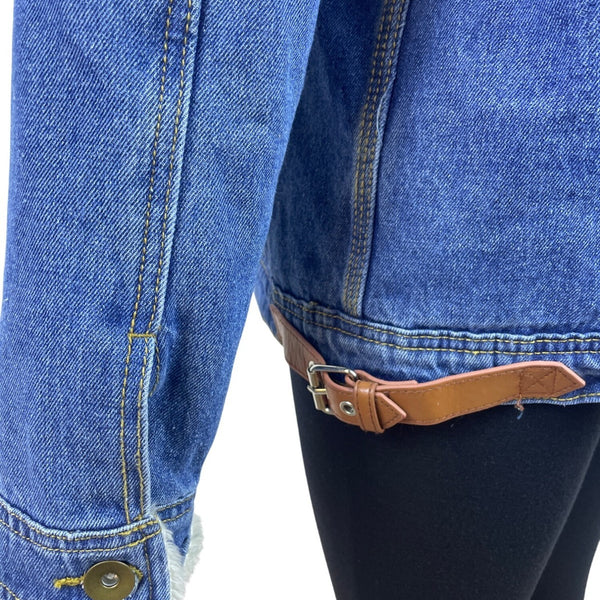 Omoone Women’s Blue Denim Jacket Distressed Pockets Button Closure Sz L