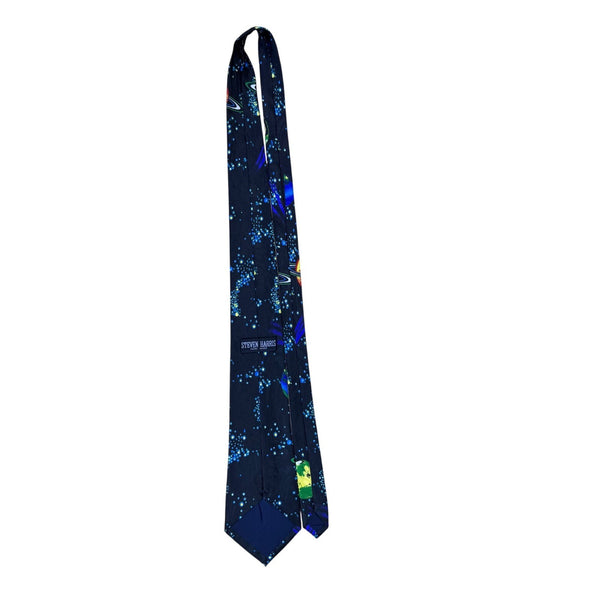 Steven Harris Mens Navy Microfiber Handmade Planet Print Tie 58" Novelty Pattern