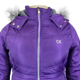 Calvin Klein Womens Purple Puffer Jacket With Faux Fur Hood & Side Pockets Sz S