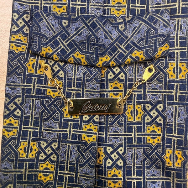 Brioni Mens Blue Yellow Silk Geometric Tie Handmade In Italy Elegant Design