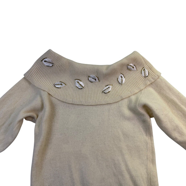 Première Womens Beige Lambswool Off-Shoulder Embroidered Sweater Size M