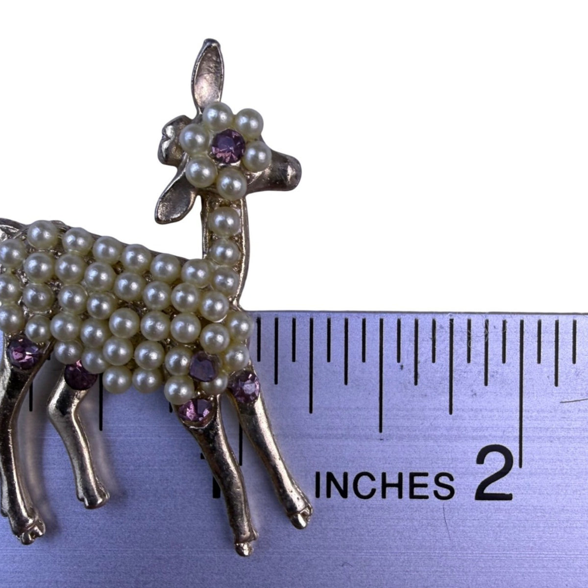 Vintage Unknown Gold Tone Deer Brooch Faux Pearls Purple Stone Accent