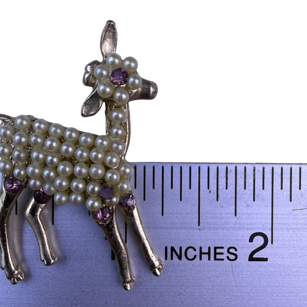 Vintage Unknown Gold Tone Deer Brooch Faux Pearls Purple Stone Accent